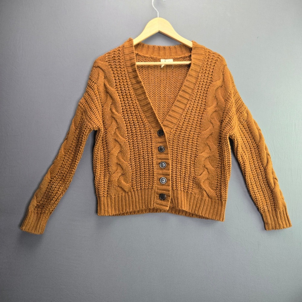 Sky and Sparrow Cardigan Sweater XS Rust Orange Cable Knit Button Up V-Neck Cozy